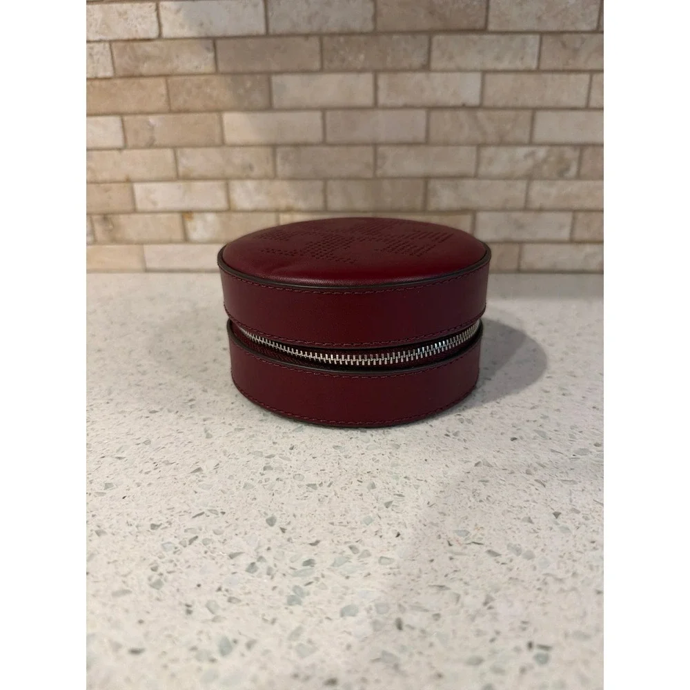Tory Burch Round Leather Cosmetic Case Travel Jewelry Pouch Burgundy Zip Bag